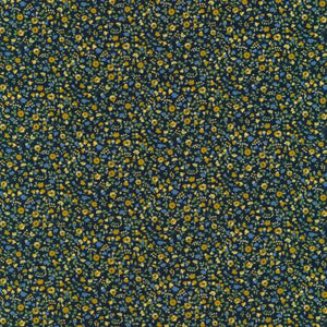 Beautiful printed cotton lawn From Robert Kaufman. This floral fabric consists of yellow and blue flowers on a navy background with green leaves. Super tiny print which makes it even more adorable! Dresses, blouses, skirts....the possibilities are endless!  Sevenberry Petite Garden Lawn Collection In Floral DESCRIPTION  15yds, 100% Cotton, 42in 2.36oz per sq yd