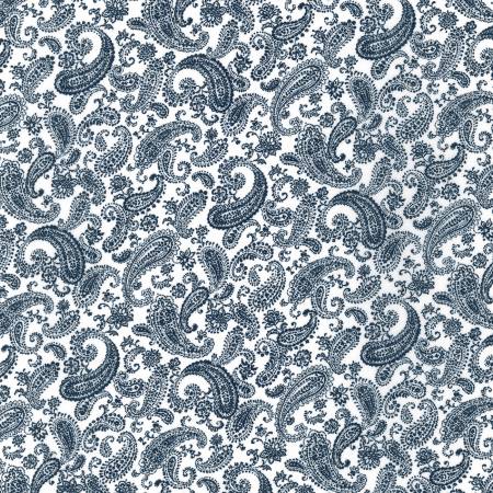 100% cotton 42" - beautiful Navy paisley design on a bright white background. This lightweight cotton lawn is a beautiful material to work with for any kind of garments or other sewing projects. 