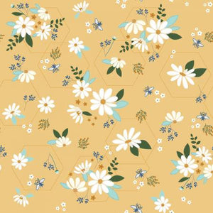 This fabric from Riley Blake Designs and is covered flowers with hexagons and bees. Check out the other fabrics from "Daisy Fields" collection on our site!  100% cotton 44"/45"