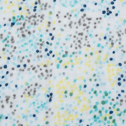 This beautiful lightweight double gauze fabric features tiny little dots in different colors! One of the colorways has pinks, purples, greens and blues while the other one has blues, yellows, and greys. This lightweight fabric would be great for swaddling blankets, burp cloths, bedding, garments and more. 