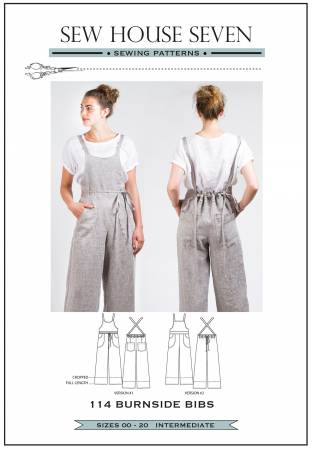 This is an intermediate level pattern. Sizes 00 - 20  The Burnside Bibs are not your traditional work overalls. Yes they are comfortable and easy to wear, yet they are much more stylish and feminine than traditional versions. The straps that transition to narrower ties offer many options for how they can be tied. And like so many sewing patterns, we as sewists are able to influence how casual or dressed up they become simply by fabric choice.