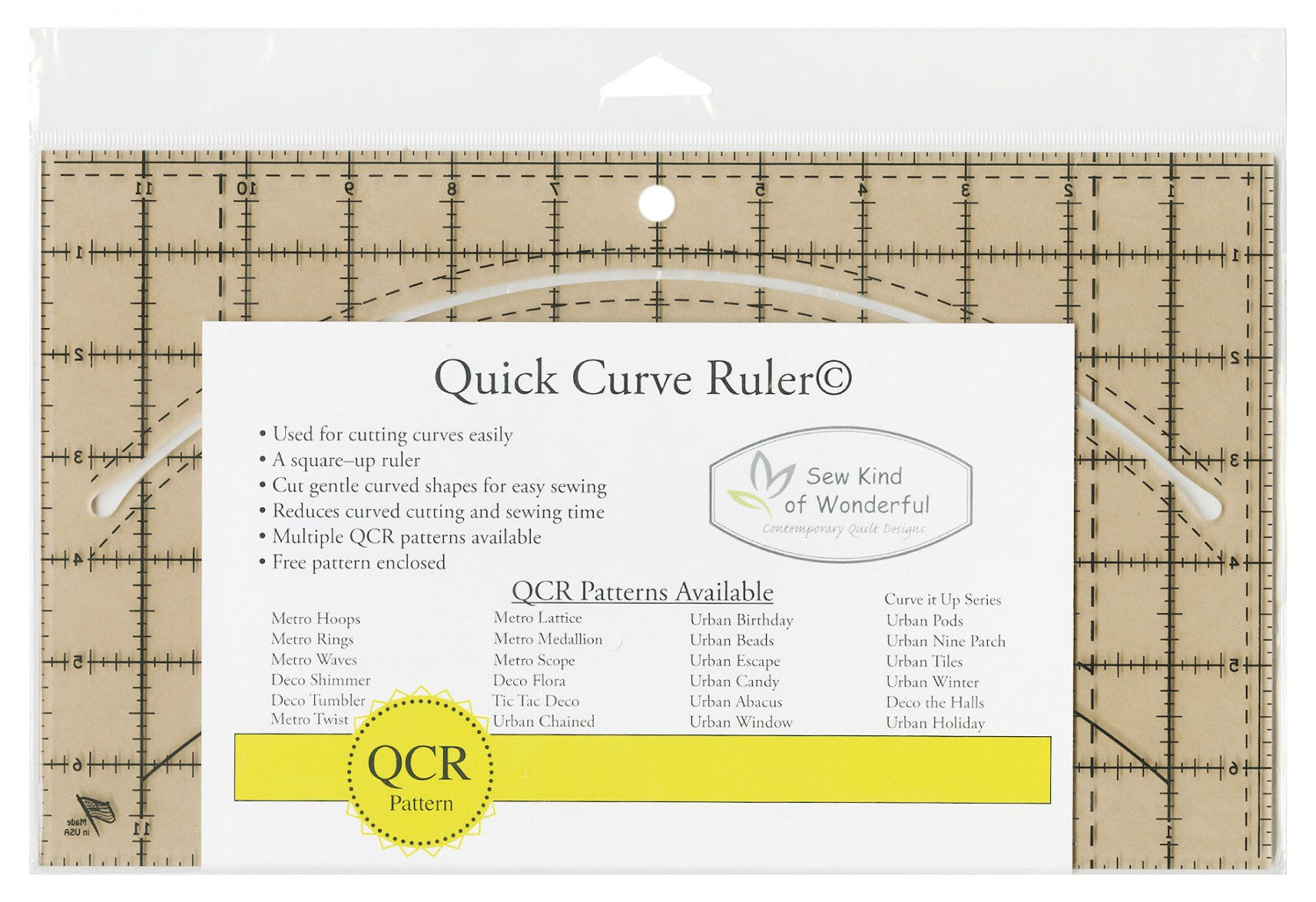 Use for cutting curves easily. A square up ruler. Cut gentle curved shapes for easy sewing. Reduces curved cutting and sewing time. Free pattern enclosed.