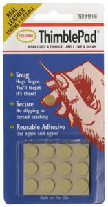 Works like a thimble, feels like a dream! Reusable self adhesive leather pad sticks to your fingertip and is tough enough to handle the heaviest stitching projects. Its lightweight construction gives you more needle control, so even the finest and most delicate stitching is a pleasure.
