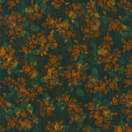 This fabric is covered in autumnal colors and leaves. Beautiful holiday fabric with rich colors - browns, blues and yellow. 100% Cotton, 44"
