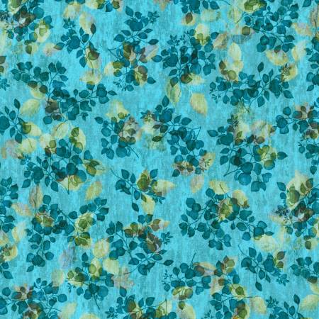 This fabric is covered in navy leaves over a light blue background with transparent yellow leaves that add depth.  100% Cotton, 44"