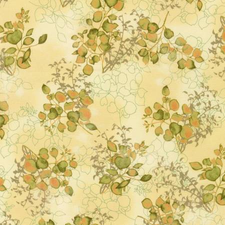 This fabric is covered in leaves on a beige background. This has beautiful neutral colors with a hint of sage green and brown.  100% Cotton, 44"