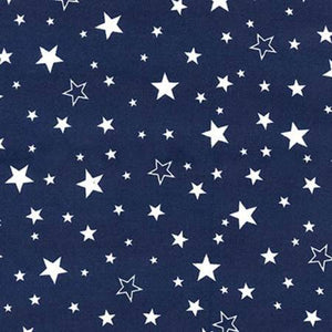 This flannel is double-napped (brushed on both sides). It is navy blue with white stars and white outlined stars tossed all over. 