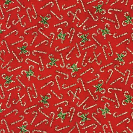 This fabric is covered in traditional red and white candy canes with green ribbons. Bright Christmas red background makes this fabric pop. 100% Cotton, 43/44in