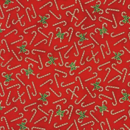 This fabric is covered in traditional red and white candy canes with green ribbons. Bright Christmas red background makes this fabric pop. 100% Cotton, 43/44in