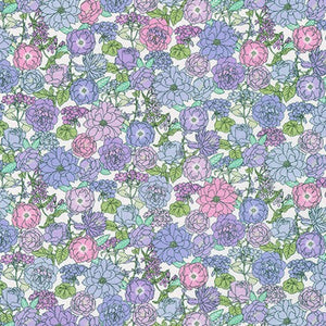 Lavender and pink floral on a white ground.  Excellent for summer tops and dresses. 95% Cotton/ 5% spandex knit jersey.