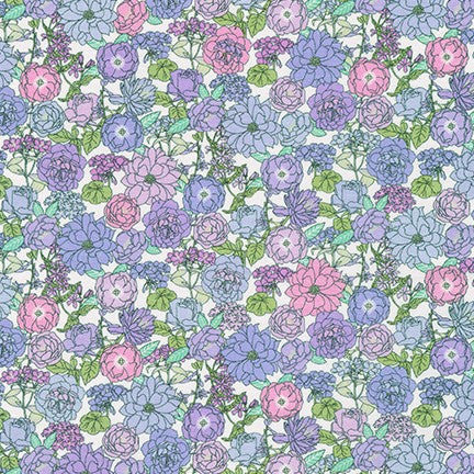 Lavender and pink floral on a white ground.  Excellent for summer tops and dresses. 95% Cotton/ 5% spandex knit jersey.