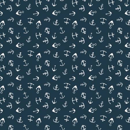 White anchors on a blue background.  From the Hooked on a Feeling Collection by Dear Stella.  100% cotton, 42-44" wide. 