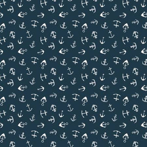 White anchors on a blue background.  From the Hooked on a Feeling Collection by Dear Stella.  100% cotton, 42-44" wide. 