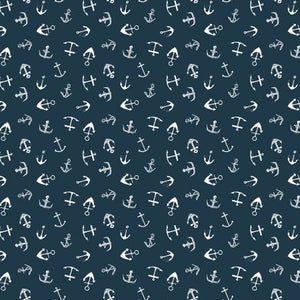 White anchors on a blue background.  From the Hooked on a Feeling Collection by Dear Stella.  100% cotton, 42-44" wide. 