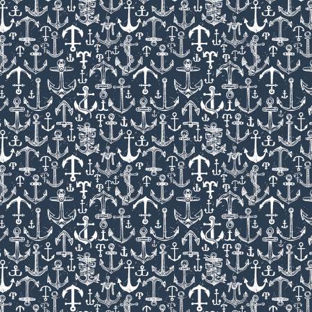 White anchors on a blue background by Bootylicious for Dear Stella.  100% cotton, 42-44" wide.