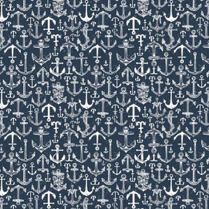 White anchors on a blue background by Bootylicious for Dear Stella.  100% cotton, 42-44" wide.