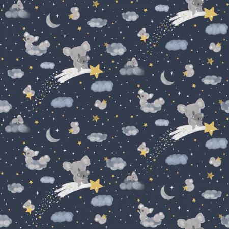 Koala Me Crazy by Dear Stella Collection.  Shooting stars, moons, clouds an Koalas on a navy background.  100% Cotton, 44". ALL FABRICS ARE PRICED BY THE HALF YARD.  PLEASE ORDER IN QUANTITIES OF 1/2 YARD.  WE WILL CUT IN ONE PIECE.