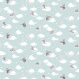 Koala Me Crazy by Dear Stella Collection.  Adult and baby Koalas on clouds on a pale blue background.  100% Cotton, 44". ALL FABRICS ARE PRICED BY THE HALF YARD.  PLEASE ORDER IN QUANTITIES OF 1/2 YARD.  WE WILL CUT IN ONE PIECE.