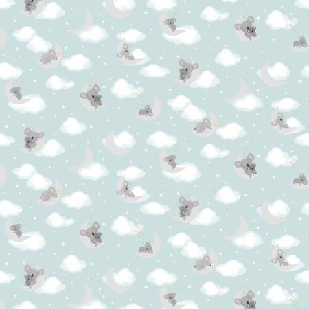 Koala Me Crazy by Dear Stella Collection.  Adult and baby Koalas on clouds on a pale blue background.  100% Cotton, 44". ALL FABRICS ARE PRICED BY THE HALF YARD.  PLEASE ORDER IN QUANTITIES OF 1/2 YARD.  WE WILL CUT IN ONE PIECE.