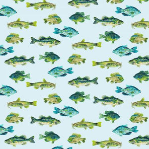 From Dear Stella, Creekside by Caitlin Collection.  Blue and green fish on a pale blue background. 100% Cotton, 44". ALL FABRICS ARE PRICED BY THE HALF YARD.  PLEASE ORDER IN QUANTITIES OF 1/2 YARD.  WE WILL CUT IN ONE PIECE.