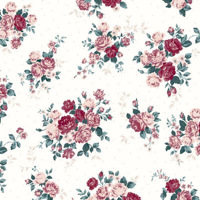 Avalana Jersey by Stof.  Scattered Rococo rose floral pattern on a cream ground with beige and green leaves.  95% Cotton / 5% lycra.  60" wide. 