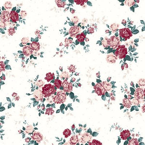 Avalana Jersey by Stof.  Scattered Rococo rose floral pattern on a cream ground with beige and green leaves.  95% Cotton / 5% lycra.  60" wide. 