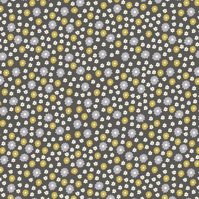 AVALANA Jersey Prints by Stof. Knit Jersey, organic. Small light grey, yellow, and cream flowers on grey ground.