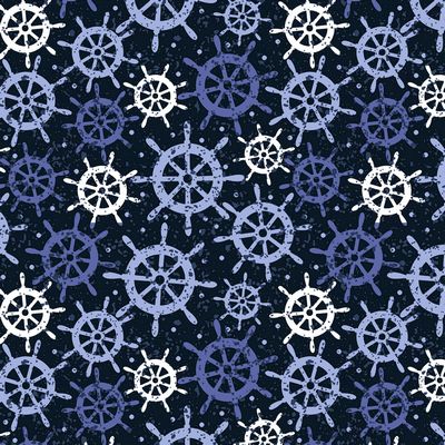 Shades of Blue and white wheels on a navy background.  95 cotton/5% elastane.  60" wide