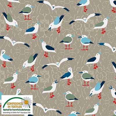 True Blue Sea by Stof. True Nordic feeling. The colors are inspired by the sea, the beach and the fish. We love this theme with seahorses, sea stars, fish, seagull and sailboats. Beautiful for maritime quilts and projects. This fabric is covered in adorable seagulls over a brown background. Get creative with this new england fabric!