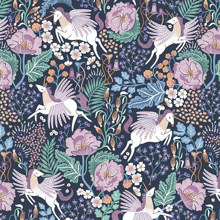 From Dear Stella, this enchanting fabric is covered in unicorns surrounded by delicate flowers and leaves. There are tiny little mushrooms hidden in this print! Purples, greens, blues and yellows with white over a navy blue background. 