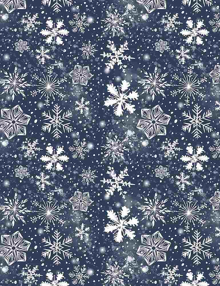 From Dear Stella, Snowfall - snowflakes over a dark navy background with white flecks. 100% Cotton, 44".