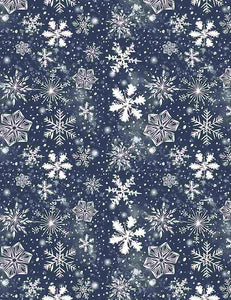 From Dear Stella, Snowfall - snowflakes over a dark navy background with white flecks. 100% Cotton, 44".