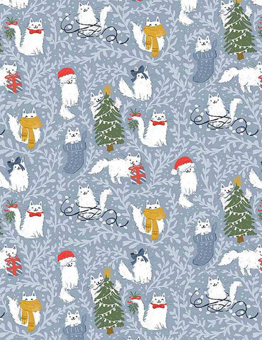 From Dear Stella, Fluffy Kitties - this adorable fabric is covered in white fluffy Christmas kitties! Super cute, all cats are different and are dressed up. Make your holiday sewing projects with this fun fabric!  100% Cotton, 44".