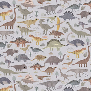 From Dear Stella, this dino fabric is adorable and full of different dinosaurs! Soft color palette with muted greens, blues, browns, and greys over a light grey blue background. 