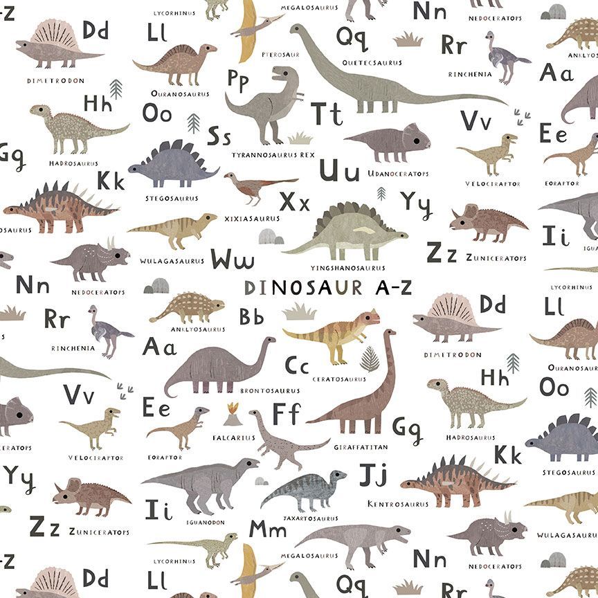 From Dear Stella, this dino fabric is adorable and full of different dinosaurs! Soft color palette with muted greens, blues, browns, and greys over a bright white background. 