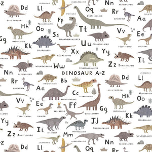 From Dear Stella, this dino fabric is adorable and full of different dinosaurs! Soft color palette with muted greens, blues, browns, and greys over a bright white background. 