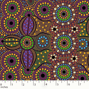 Bernadene depicted the corroboree ground. In all the tribal gatherings, many people gather around to celebrate corroboree. Her artworks beautifully depict men, women and children attending the corroboree. They often discuss religion, friendships and other social matters. All the attendees are destined to maintain pious dignity of corroboree. Nobody is allowed to break the social law.