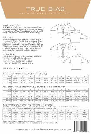 The Marlo pattern is an oversized sweater with a dropped shoulder, deep V-neck, wide bands and large buttons. View A is cropped length. View B has patch pockets and hits above midthigh.  Printed Paper Pattern Finished Size 0-18 Final Product: Wearables Technique Used: Standard Machine Sewing Skill Level: Confident Beginner