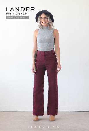 With a high waist and button fly, the Lander pattern is not only on trend, but also flattering and comfortable for all body types. The pattern includes front and back patch pockets, belt loops, and a straight fit through the legs. View A is a short with a 4” inseam, View B is an ankle length pant, and View C is a boot length pant that can be worn with a heel.