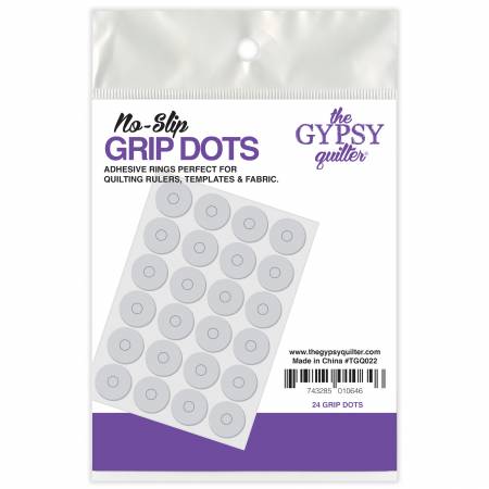 Ruler slipping got you down? Not anymore! Simply apply The Gypsy Quilter Ruler Dots to the underside of your ruler- and slip no more! Contains 24 large grips and 24 small grips per package.  Color: Clear Made of: Plastic Use: Adhesive Rings Included: 24 large and 24 small grips