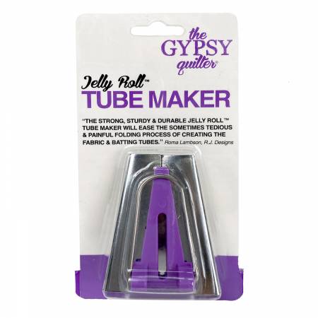 To make the Fabric & Batting Tube, place a thin batting strip on the wrong side of a 2 1/2" fabric strip. Feed the layered (fabric & thin batting) strip, batting side up, into the wide end of the Jelly Roll (tm) Tube Maker. If needed, place a sewing awl in the slot on the tool to pull the layered strip through. Then fold the now magically folded, layered strip in half as it comes out the other end & place under the sewing machine presser foot ready to stitch.
