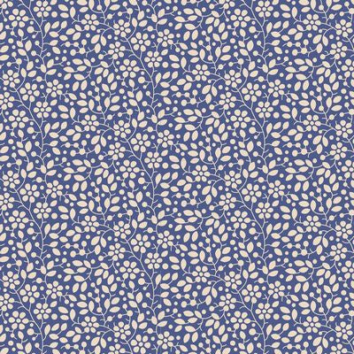 Tilda's Pie in the Sky Collection are 100% cotton prints designed by Norwegian designer Tone Finnanger. This fabric is a lighter navy blue with little white flowers on top. Pie in the Sky is a fresh array of fabrics for spring and summer, with doodle-like flowers giving the designs a naive and effortless feel. The sweet motives and colors have a vintage look. Fun fabric names like WillyNilly, Whimsybird and Topsy Turvy and Cloudpie invite you to induldge in a happy, creative sewing escape. 