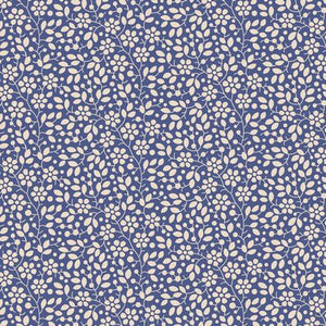 Tilda's Pie in the Sky Collection are 100% cotton prints designed by Norwegian designer Tone Finnanger. This fabric is a lighter navy blue with little white flowers on top. Pie in the Sky is a fresh array of fabrics for spring and summer, with doodle-like flowers giving the designs a naive and effortless feel. The sweet motives and colors have a vintage look. Fun fabric names like WillyNilly, Whimsybird and Topsy Turvy and Cloudpie invite you to induldge in a happy, creative sewing escape. 
