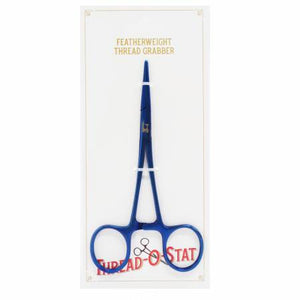 The Blue all-metal 6 inch, Thread-O-Stat Thread Grabber has a smooth jaw, so the thread is gripped tightly and securely as you clamp the handles together. Unlike a typical "hemostat" which has a toothed or jagged jaw (preventing a firm grip), the Thread-O-Stat is more like tweezers, only better! You will be able to grab a hold of that little thread as you take the proper steps to remove it and the Thread-O-Stat won't let go!