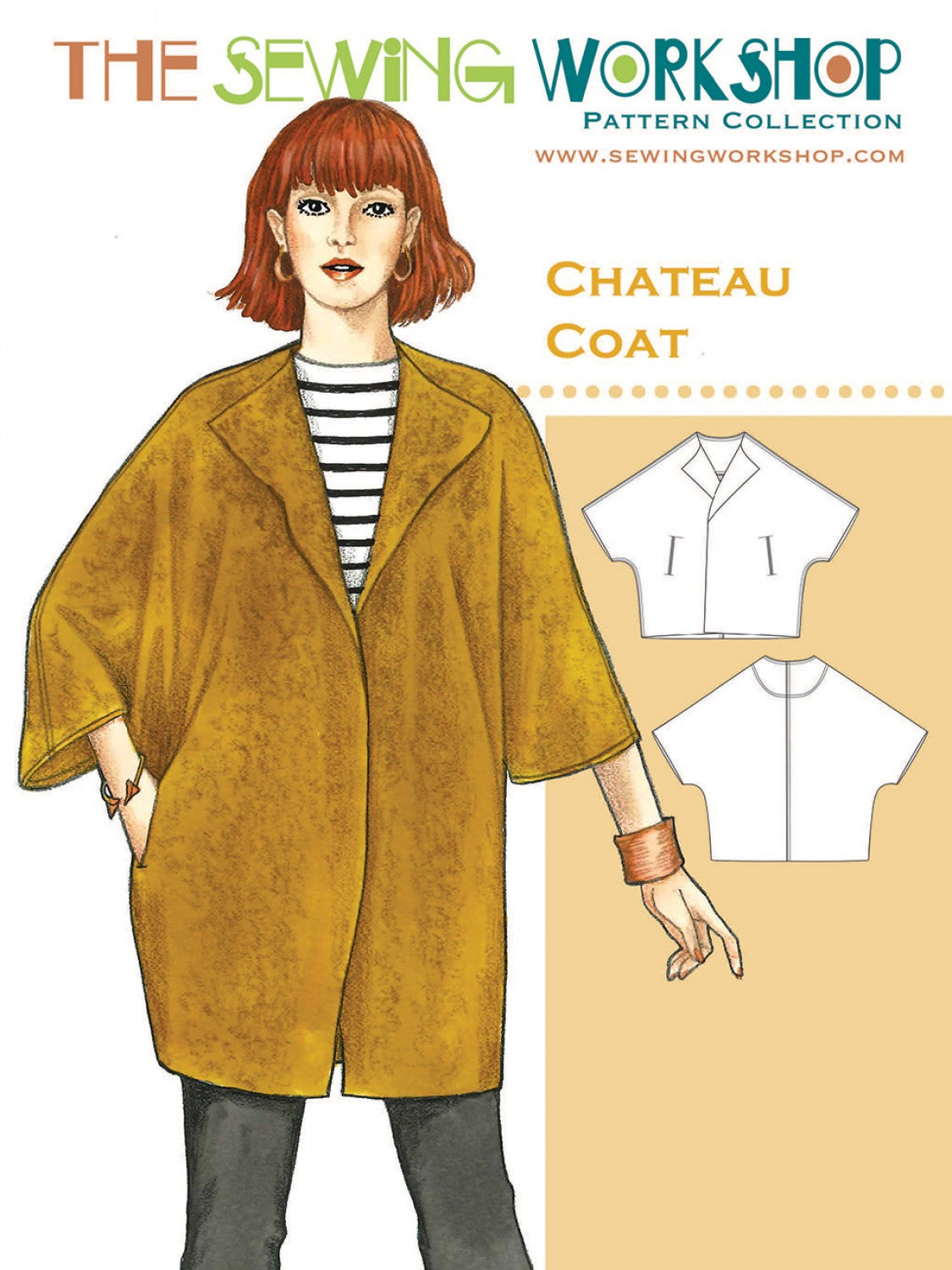 "Coat Loose-fitting, open-front coat with dolman sleeves and front slit pockets. Raw edges, lap seam construction.  Suggested Fabrics Medium to heavy-weight no-fray fabrics such as wool melton, felled wool, neoprene, scuba, suede or faux suede. Instructions included for knit binding and patch pockets when using fabrics that fray.