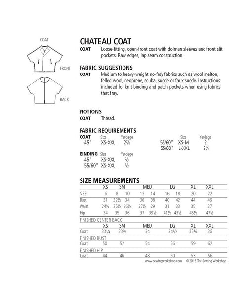 "Coat Loose-fitting, open-front coat with dolman sleeves and front slit pockets. Raw edges, lap seam construction.  Suggested Fabrics Medium to heavy-weight no-fray fabrics such as wool melton, felled wool, neoprene, scuba, suede or faux suede. Instructions included for knit binding and patch pockets when using fabrics that fray.