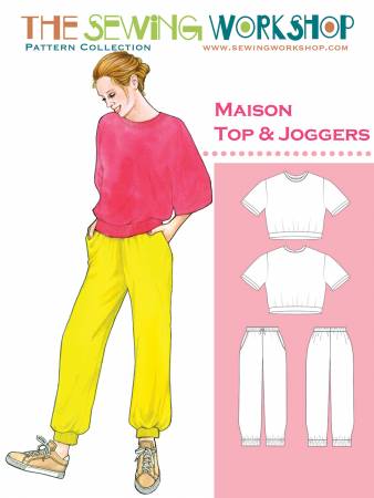 Top: Loose-fitting top slightly eased onto a hem band at the hip, bound neckline, and full 3/4-length sleeves. Joggers: Semi-fitted pants with side seam pockets, elastic and drawstring combo waistband, and jogger-style hem bands. Sizes XS, S, M, L, XL, XXL. Suggested Fabrics Top: Light to medium-weight knits. 2 or 4-way stretch. Joggers: Light to medium-weight knits. 2 or 4-way stretch.