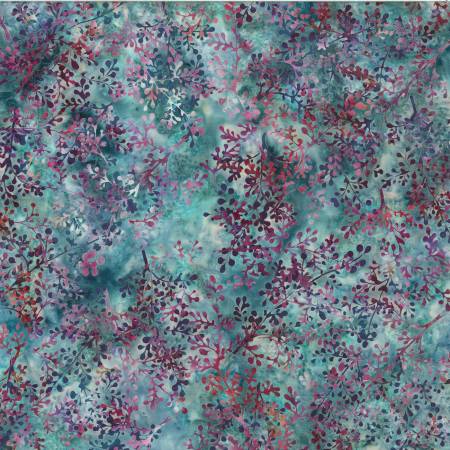 This batik is cool and rich. Plum purple leafy design on a stormy grey/blue background. Perfect for quilting, clothing and crafting.