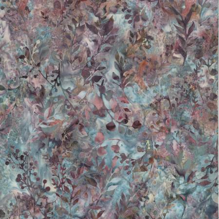 This batik is stormy and moody. Beautiful grey blue background with brownish purple leaves and vines on top. This would make a great blender for quilting! Perfect for quilting, clothing and crafting.