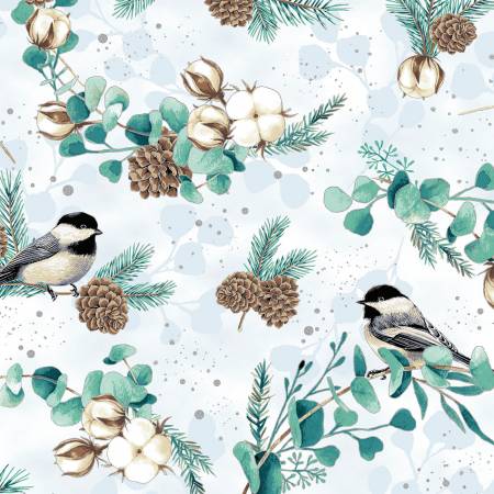 This fabric is covered in chickadees perched on pine branches with pinecones. Silver outlines makes this fabric have a subtle sparkle. This pattern is larger scaled and would make a great backing, or fussy cut these adorable chubby birds!   100% Cotton, 43/44in